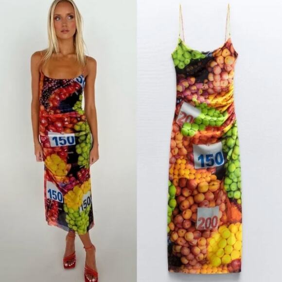 New Zara Fruit Mesh Spaghetti Strap Maxi Dress - Picture 1 of 6